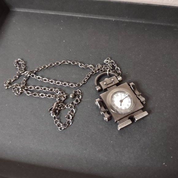 Very Cool Dark Silver Tone Robot Watch Pendant Necklace 21 Inches Long - Picture 8 of 11